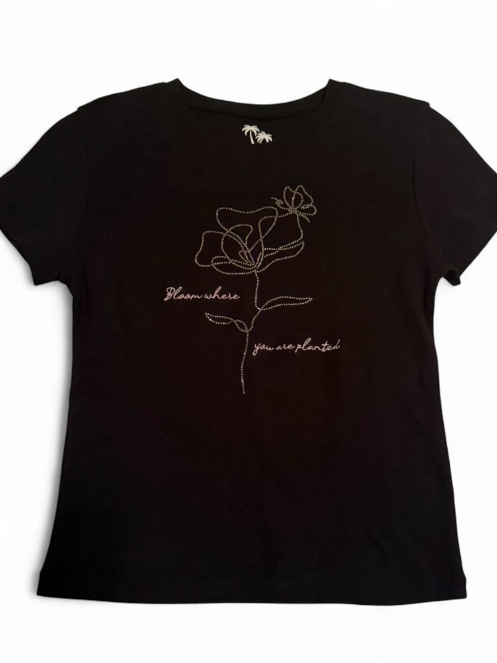 Bloom Where You Are Planted Black Women's Floral Rhinestone Tee